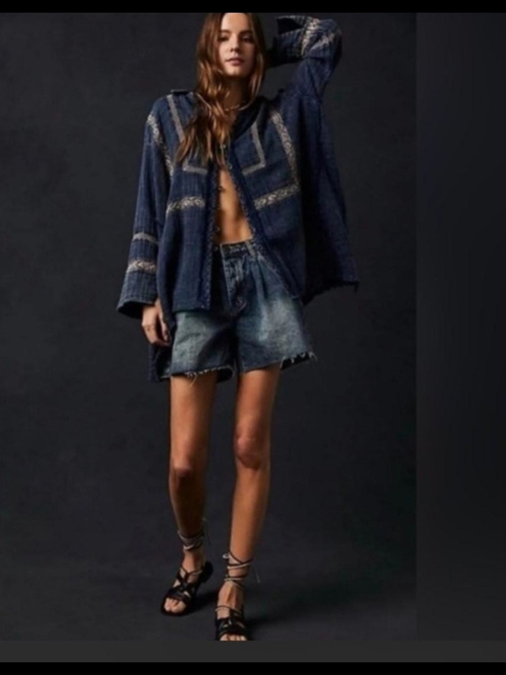 We The Free People Ranch Wash Textured Crochet Trim Gauzy Oversized Bohobo Top